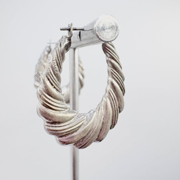 VTG Sterling Silver 925 Puffed Twist Design Hoop Earrings Size 1.25" Length - Picture 2 of 8